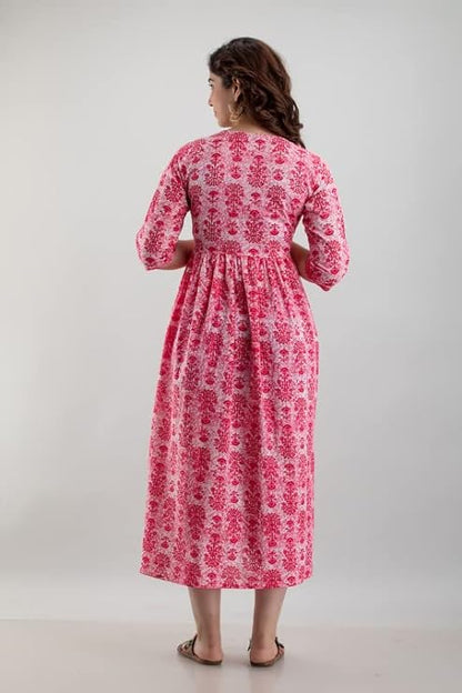 Ashvy Premium Cotton Anarkali Feeding & Maternity Kurti – 48 Inch Length, 2 Side Zips All-Day Comfort for Moms (Pink)