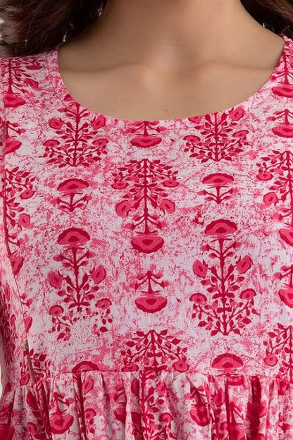 Ashvy Premium Cotton Anarkali Feeding & Maternity Kurti – 48 Inch Length, 2 Side Zips All-Day Comfort for Moms (Pink)