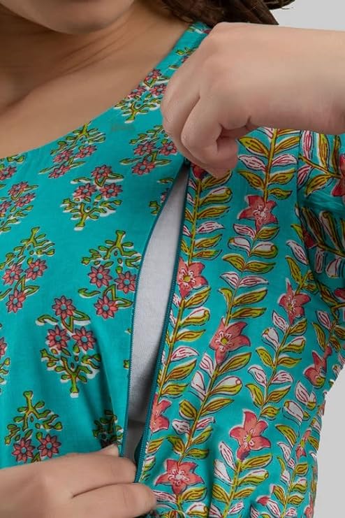 Ashvy Premium Cotton Anarkali Feeding & Maternity Kurti – 48 Inch Length, 2 Side Zips All-Day Comfort for Moms (Green)