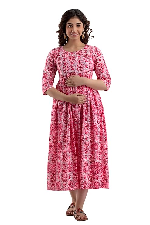 Ashvy Premium Cotton Anarkali Feeding & Maternity Kurti – 48 Inch Length, 2 Side Zips All-Day Comfort for Moms (Pink)