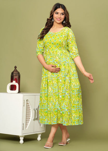 Nature's Embrace: Ashvy Leaf Print Cotton Maternity Feeding Kurti (Green) (LUX001)