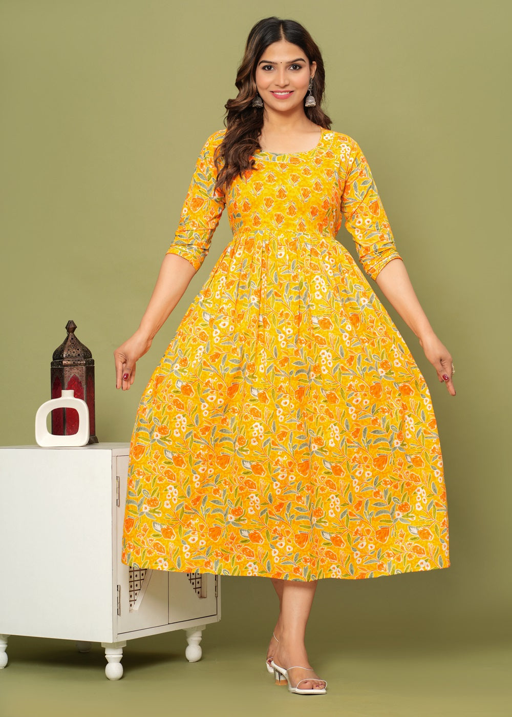 Nature's Embrace: Ashvy Leaf Print Cotton Maternity Feeding Kurti (Yellow) (LUX001)