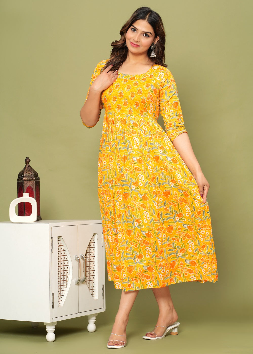 Nature's Embrace: Ashvy Leaf Print Cotton Maternity Feeding Kurti (Yellow) (LUX001)