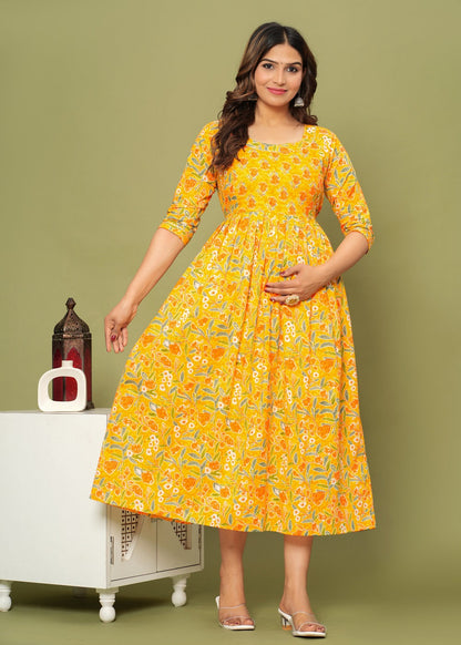 Nature's Embrace: Ashvy Leaf Print Cotton Maternity Feeding Kurti (Yellow) (LUX001)