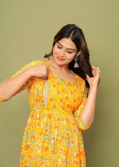 Nature's Embrace: Ashvy Leaf Print Cotton Maternity Feeding Kurti (Yellow) (LUX001)