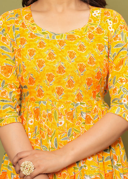 Nature's Embrace: Ashvy Leaf Print Cotton Maternity Feeding Kurti (Yellow) (LUX001)