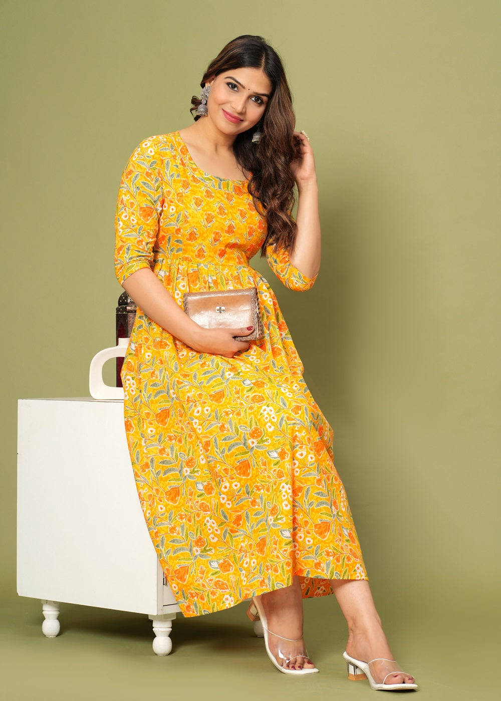 Nature's Embrace: Ashvy Leaf Print Cotton Maternity Feeding Kurti (Yellow) (LUX001)