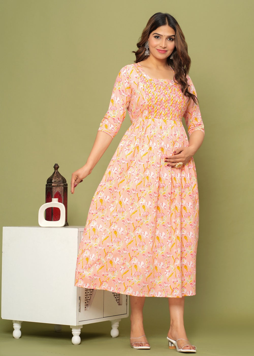 Nature's Embrace: Ashvy Leaf Print Cotton Maternity Feeding Kurti (Pink) (LUX001)