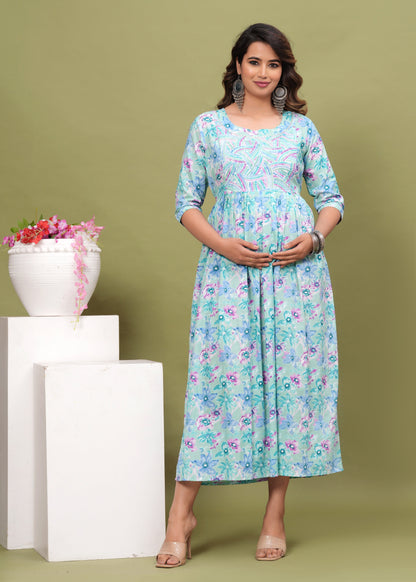 Nature's Embrace: Ashvy Leaf Print Cotton Maternity Feeding Kurti (Light Blue) (LUX001)