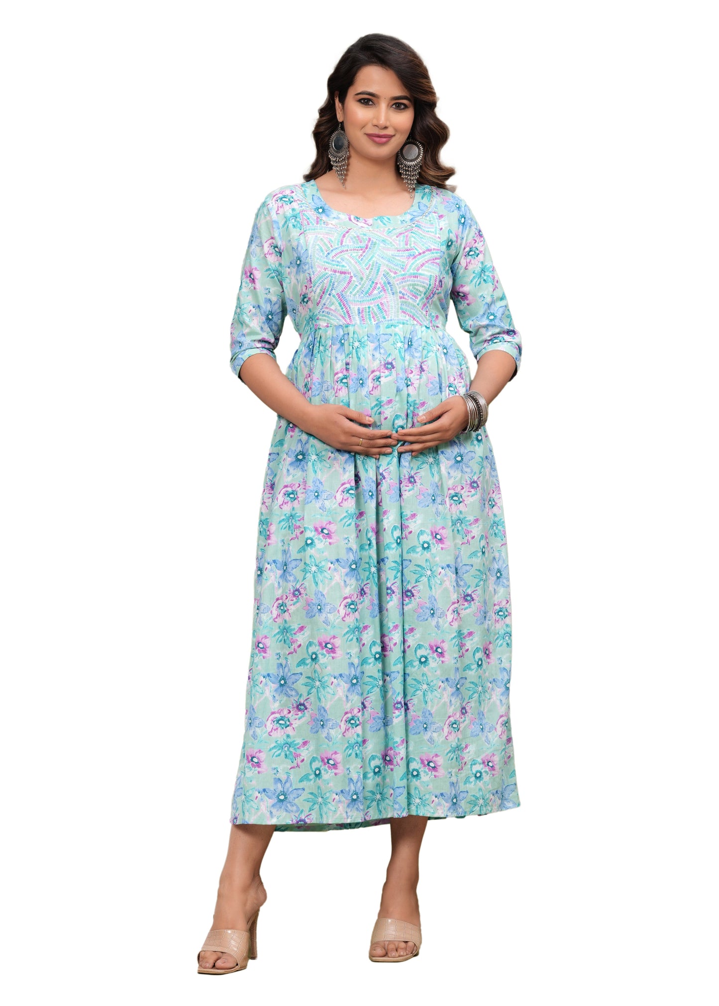 Nature's Embrace: Ashvy Leaf Print Cotton Maternity Feeding Kurti (Light Blue) (LUX001)