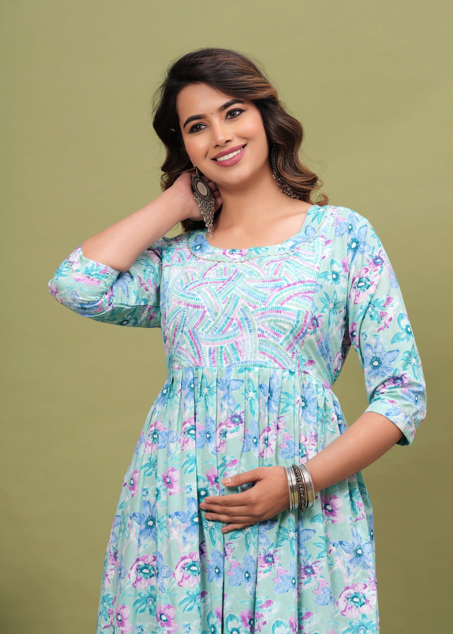 Nature's Embrace: Ashvy Leaf Print Cotton Maternity Feeding Kurti (Light Blue) (LUX001)