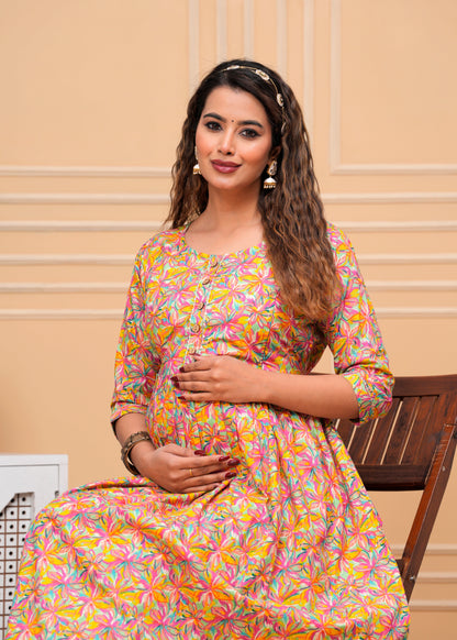 Nature's Embrace: Ashvy Leaf Print Cotton Maternity Feeding Kurti (Orange) (LUX001)