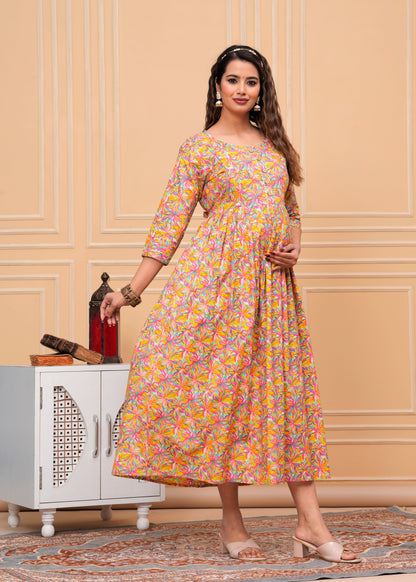 Nature's Embrace: Ashvy Leaf Print Cotton Maternity Feeding Kurti (Orange) (LUX001)