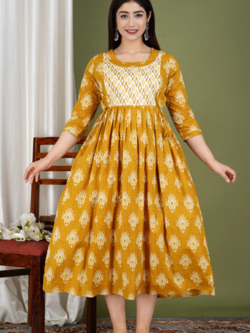 Ashvy Mustard Floral Maternity Kurti – Pure Cotton Feeding Gown with Broad Flower Print for Nursing Moms