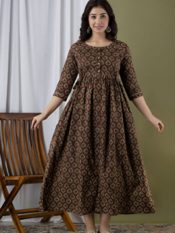 Ashvy Brown Cotton Maternity Kurti – Pan Patti Print Feeding & Nursing Wear for Moms