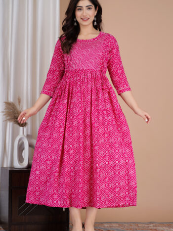 Ashvy Pregnancy Kurti – Comfortable Cotton Wear for Expecting Moms– Rani Leheriya Bandhej Print