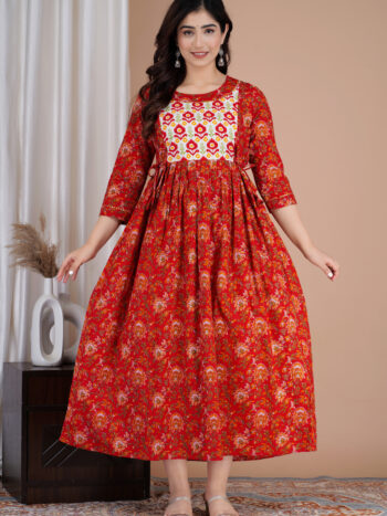 Ashvy Red Cotton Maternity Kurti – Feeding & Nursing Friendly Dress for Pregnant Moms