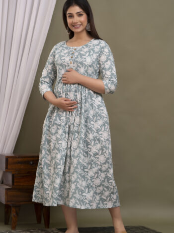 Ashvy Light Grey Cotton Maternity Kurti with White Floral Print – Nursing & Feeding Friendly Wear for Moms