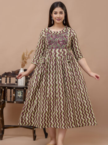 Ashvy Brown Zig Zag Maternity Kurti – Soft Cotton Feeding & Nursing Wear for Moms