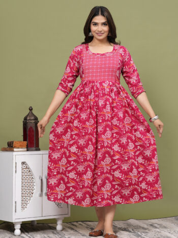 Ashvy Red Floral Cambric Cotton Maternity Kurti – Stylish Feeding & Nursing Wear for Moms