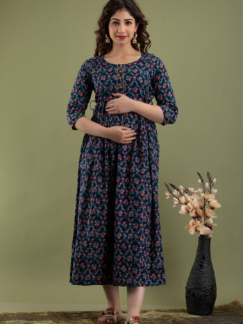 Ashvy Dark Blue Floral Maternity Kurti – Cambric Cotton Feeding Gown with Side Dori