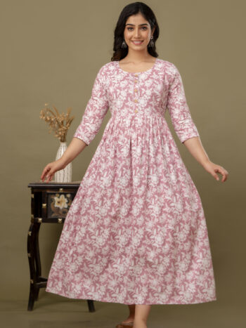 Ashvy Light Baby Pink Cambric Cotton Maternity Kurti with Side Dori – Elegant Feeding & Nursing Wear for Moms