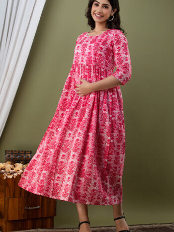 Ashvy Nursing Friendly Kurti – Elegant Anarkali Style for Moms (Pink Side Design)