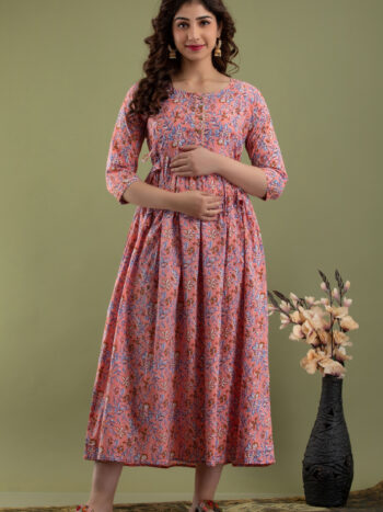 Ashvy Peach Rayon Feeding Kurti – Soft Nursing Gown & Elegant Maternity Wear for Moms