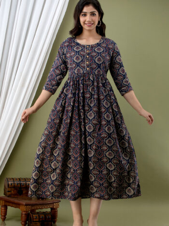 Ashvy Feeding & Maternity Kurti – Navy Blue Side Design | Pure Cotton Anarkali Nursing Wear (M–2XL)