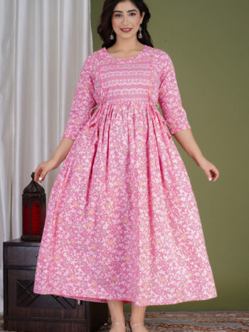 Ashvy Light Pink Cotton Nursing Kurti – Soft Floral Maternity & Feeding Wear for Moms