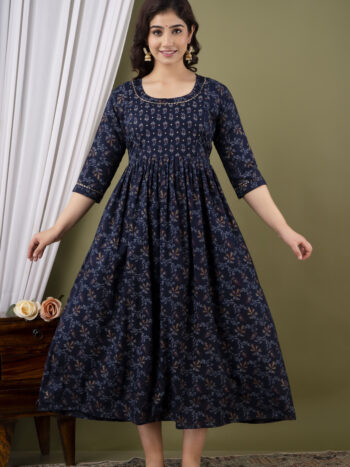 Ashvy Blue Gold Rayon Cotton Nursing Kurti – Elegant Maternity Wear for Stylish Motherhood