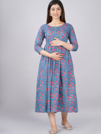 Ashvy Pure Cotton Maternity Kurti – Feeding Friendly Style for Comfort & Elegance (Indigo)