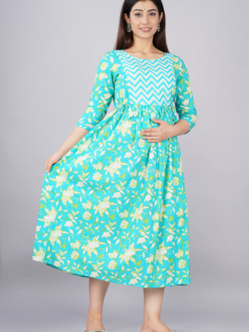 Ashvy Comfortable Feeding Gown – Lightweight Anarkali Cotton Maternity Kurti Sky Blue