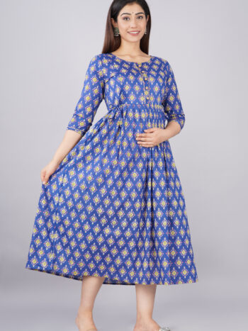 Ashvy Pure Cotton Maternity Dress Blue golden Printed – Comfortable & Breathable Feeding Kurti