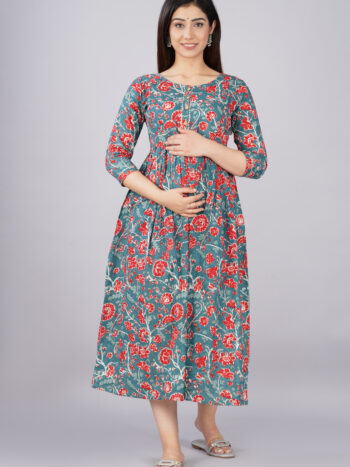 Ashvy Soft Cotton Maternity Kurti with Dual Zips – Elegant Grey Anarkali Style Feeding Gown