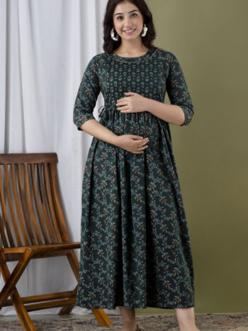 Ashvy Green Gold Rayon Cotton Nursing Kurti – Elegant Maternity & Motherhood Wear