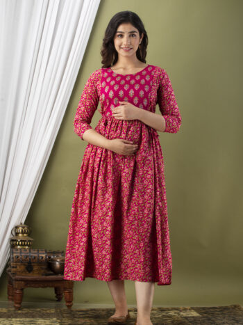 Ashvy Rani Cotton Nursing Kurti – Bel Print Maternity Wear for Motherhood Comfort (Yog Design)