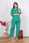 Ashvy Pure Cotton Co-ord Set for Women – Elegant Rama Green Top & Pant with Minimal Print | Soft 3/4 Sleeve Stylish Daily & Office Wear