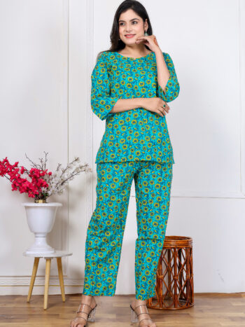 Ashvy Pure Cotton Co-ord Set for Women – Elegant Rama Green Top & Pant with Minimal Print | Soft 3/4 Sleeve Stylish Daily & Office Wear