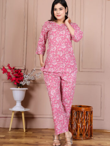 Ashvy Pure Cotton Co-ord Set for Women – Baby Pink Floral Top & Pant | Soft 3/4 Sleeve Casual & Office Wear