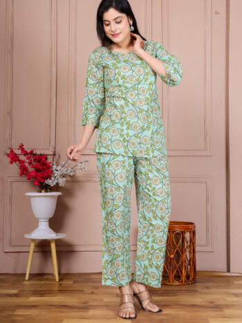 Ashvy Pure Cotton Co-ord Set for Women – Pastel Green Top & Pant | Soft 3/4 Sleeve Everyday & Office Wear