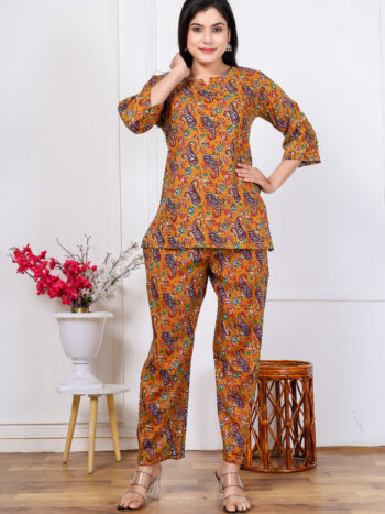 Ashvy Pure Cotton Printed Co-ord Set – Mustard Yellow Top & Pant for Everyday Comfort & Style