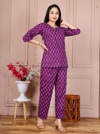 Ashvy Pure Cotton Co-ord Set for Women – Stylish Purple Top & Pant | Soft 3/4 Sleeve Premium Daily & Office Wear