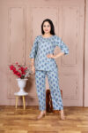 Ashvy Pure Cotton Co-ord Set for Women – Stylish Sky Blue Top & Pant with Elegant Small Print | Comfort Daily & Office Wear (Sky Blue)