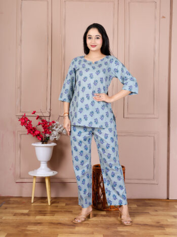 Ashvy Pure Cotton Co-ord Set for Women – Stylish Sky Blue Top & Pant with Elegant Small Print | Comfort Daily & Office Wear (Sky Blue)