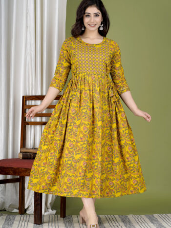 Ashvy India Golden Yellow Floral Cotton Maternity Maxi Dress – 2030