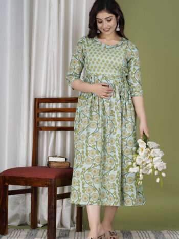Ashvy India Mint Blue Floral Cotton Maternity Maxi Dress – 2031