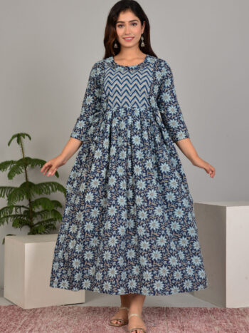 Ashvy India Indigo Blue Floral Cotton Maternity Maxi Dress – 2032
