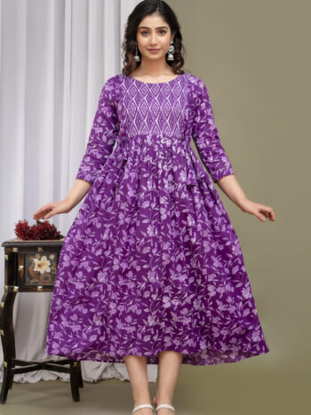 Ashvy India Purple Leaf Print Cotton Maternity Maxi Dress with Lattice Neck – 2045