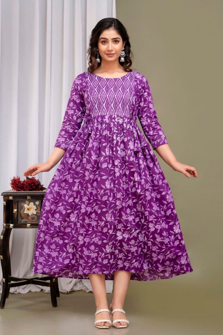 Purple Leaf Print Cotton Maternity Maxi Dress with – Ashvy maternity wear